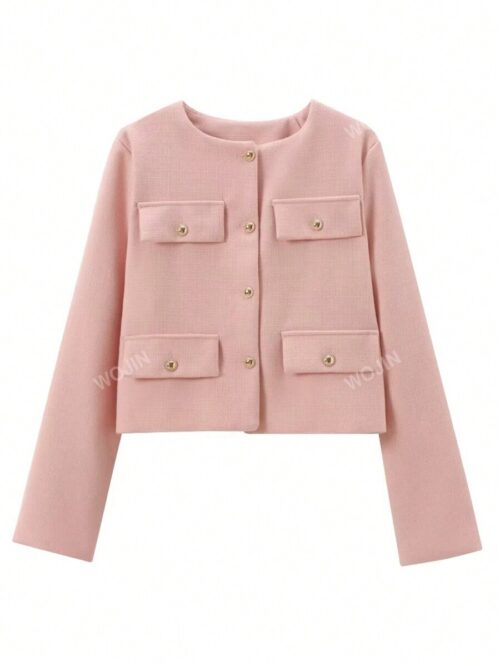 Women's Elegant Casual Tweed Jacket Round Neckline Decorated Long Sleeves Solid Colour Coat