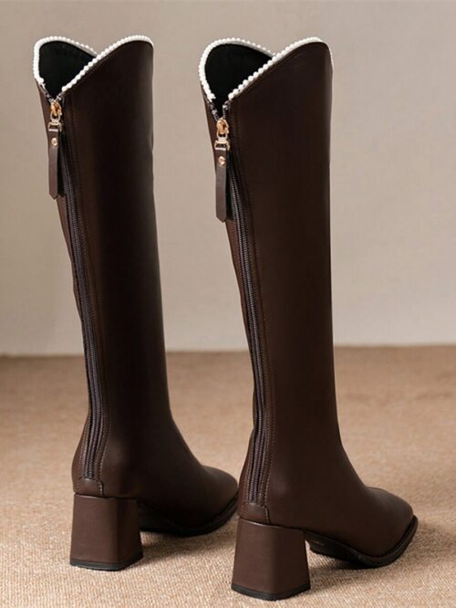 Women Coffee Brown Chunky Heel Knee High Boots With Square Toe, Mid Heel, Back Zipper, Pearl Decor, Elastic Boot Shaft, High-End Fashion Mid-Calf Winter Boots - Image 4