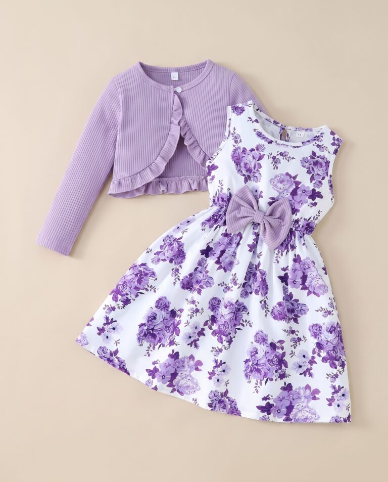 Komplet elegant xhaketë me fustan floral për vajza
