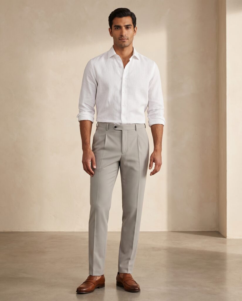 Pantallona smart-casual për meshkuj me pala, gri e hapur
