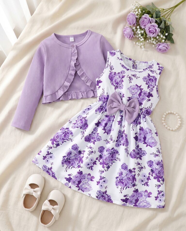 Komplet elegant xhaketë me fustan floral për vajza