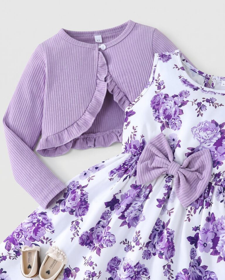 Komplet elegant xhaketë me fustan floral për vajza