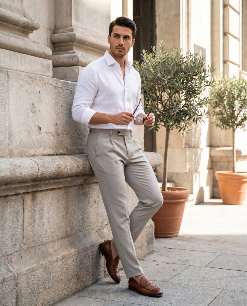 Pantallona smart-casual për meshkuj me pala, gri e hapur