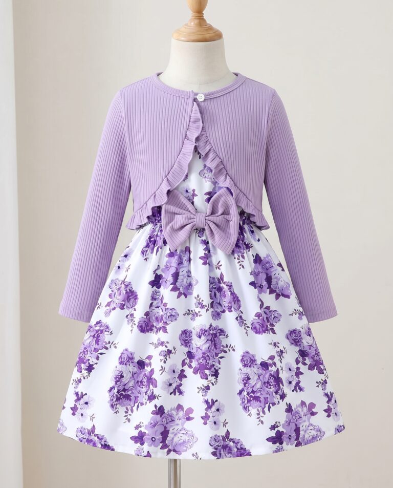 Komplet elegant xhaketë me fustan floral për vajza