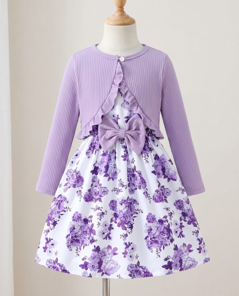 Komplet elegant xhaketë me fustan floral për vajza