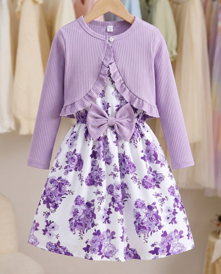 Komplet elegant xhaketë me fustan floral për vajza